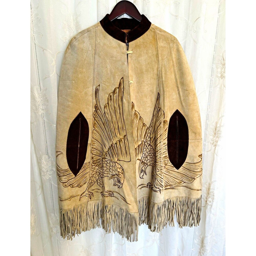 Vintage Gomez Genuine Leather Western Fringe Poncho Cape Eagle Tooled OS Folk